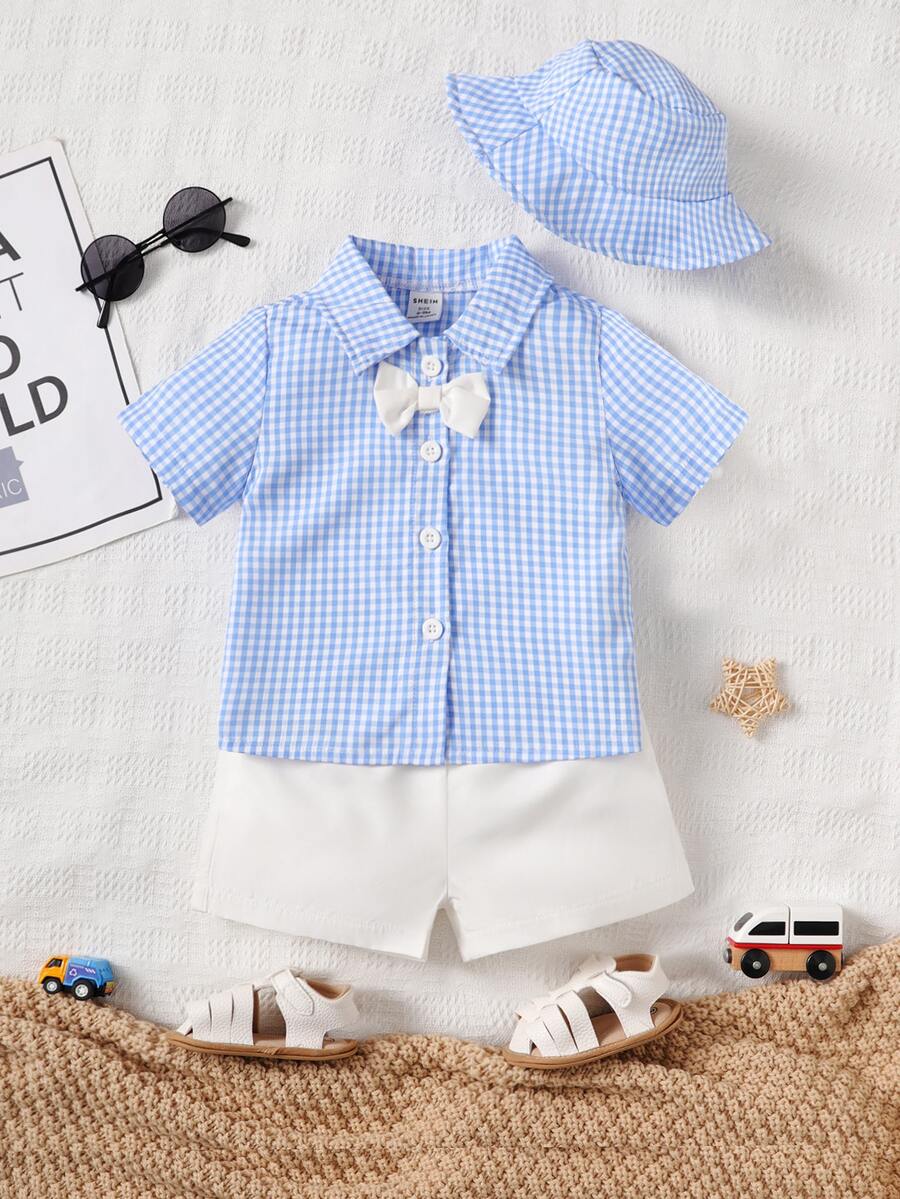 Baby Boy Gingham Print Bow Front Shirt & Shorts & Accessory Hat - Blue and White - View 1