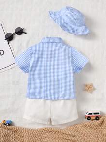Baby Boy Gingham Print Bow Front Shirt & Shorts & Accessory Hat - Blue and White - View 2