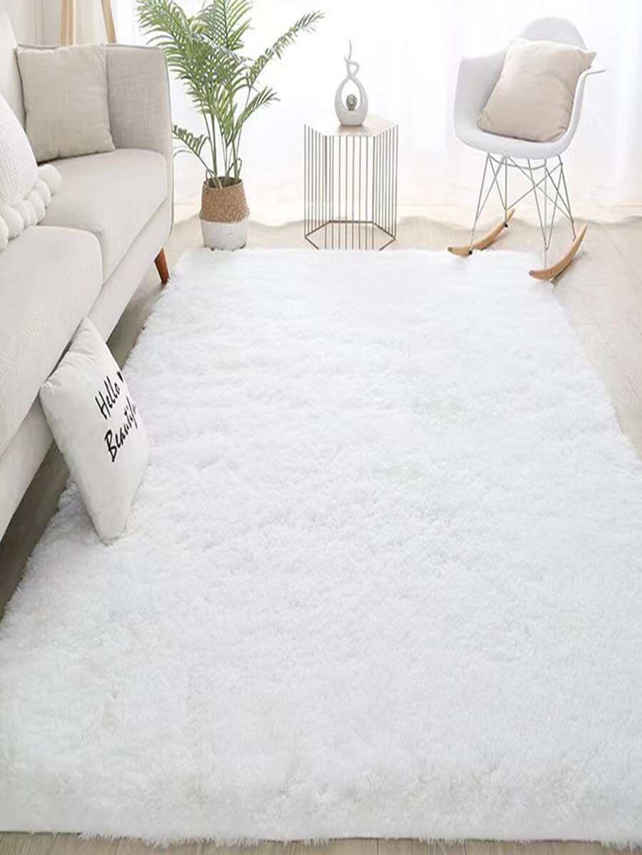 1入組白色毛茸茸極簡滌綸地毯 - 白色 - 查看 1