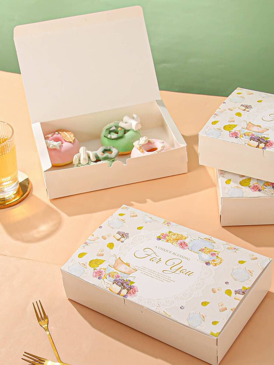 4 piezas Caja de embalaje con estampado floral con letra - Blanco - Ver 1
