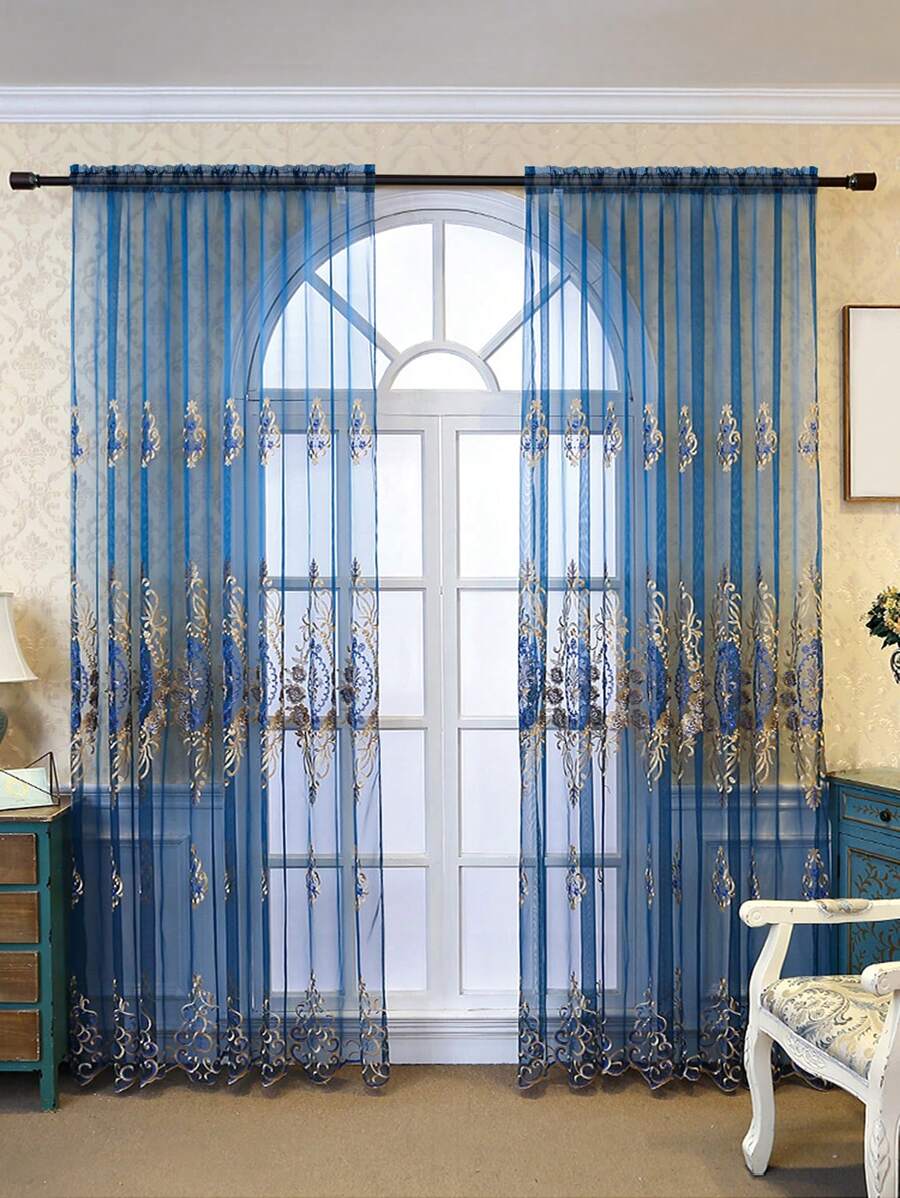 1pc Blue Diamond Shaped Embroidered Sheer Curtain, Luxurious Polyester Material, Suitable For Living Room, Bedroom, Window, Door Decoration