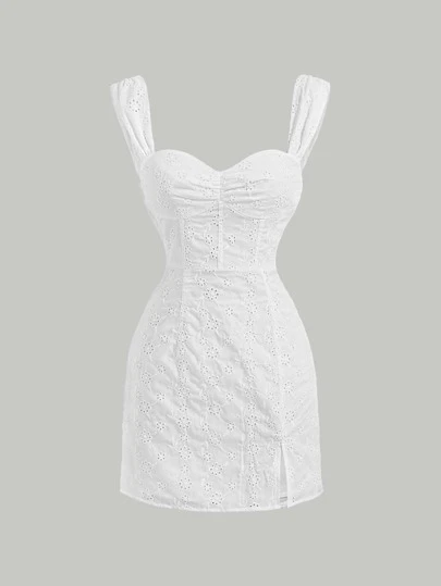 SHEIN MOD Ruched Bust Split Hem Schiffy Corset Structure Cami Dress,White Graduation Dress,Business Casual Woman