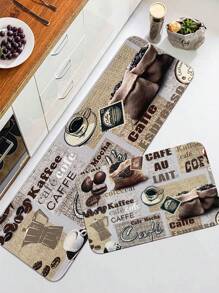1pc Coffee Print Kitchen Rug - Multicolor - View 1