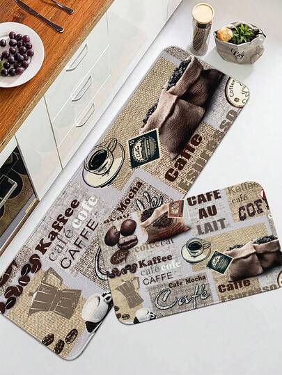 1pc Coffee Print Kitchen Rug