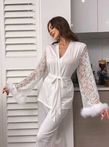 Contrast Lace Fuzzy Cuff Belted White PJ Set / Pajama Set, Fall Winter Clothes, Fluffy, Cozy