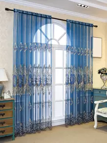 1pc Blue Diamond Shaped Embroidered Sheer Curtain, Luxurious Polyester Material, Suitable For Living Room, Bedroom, Window, Door Decoration
