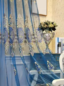 1pc Blue Diamond Shaped Embroidered Sheer Curtain, Luxurious Polyester Material, Suitable For Living Room, Bedroom, Window, Door Decoration