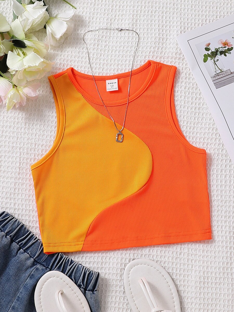 Áo ba lỗ dệt kim sọc Tween Girl, thiết kế sọc cổ điển, chắp vá hai tông màu, vải dệt kim thoải mái - Nhiều màu - Xem 1