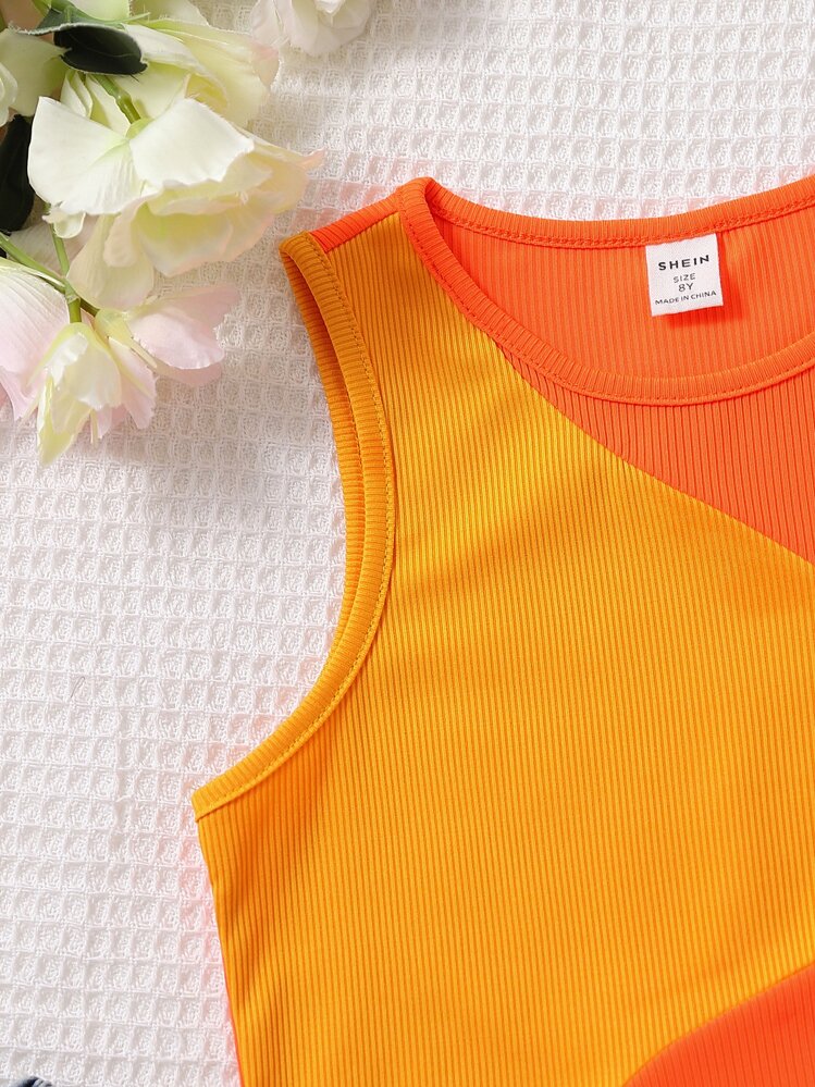 女の子向けニットストライプタンクトップ、クラシックストライプデザイン、2トーンパッチワーク、快適なニット生地 - マルチカラー - 見る 5