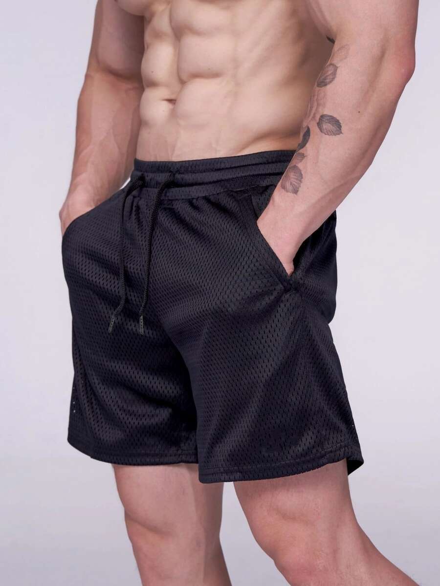 Hombres Shorts deportivos de cintura con cordón con bolsillo oblicuo - Negro - Ver 1