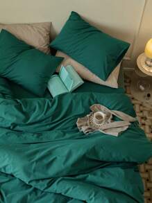 3pcs/set Solid Color Green Duvet Cover Set(1 Duvet Cover & 2 Pillowcase), Modern Polyester Bedding Set For All Season - Green - View 1