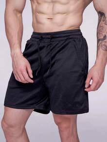 Hombres Shorts deportivos de cintura con cordón con bolsillo oblicuo - Negro - Ver 3