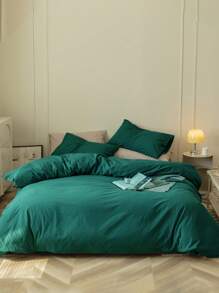 3pcs/set Solid Color Green Duvet Cover Set(1 Duvet Cover & 2 Pillowcase), Modern Polyester Bedding Set For All Season - Green - View 4