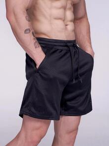 Hombres Shorts deportivos de cintura con cordón con bolsillo oblicuo - Negro - Ver 4