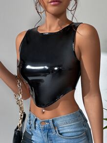 SHEIN Allurite 素色不對稱下擺PU皮革背心上衣 - 黑色 - 查看 1