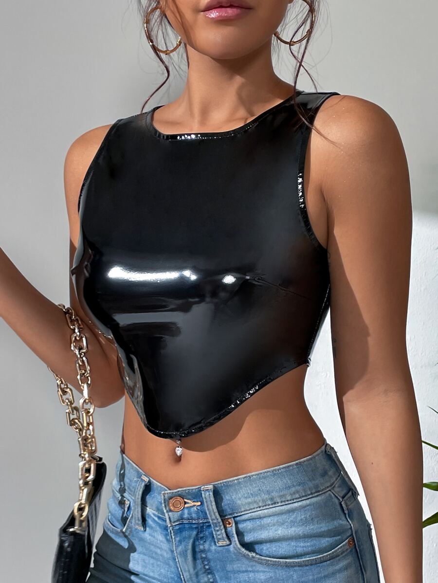 SHEIN Allurite 素色不對稱下擺PU皮革背心上衣 - 黑色 - 查看 1