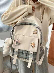 Mochila funcional con patrón de cuadros con accesorio de bolso - Multicolor - Ver 1