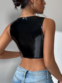 SHEIN Allurite 素色不對稱下擺PU皮革背心上衣 - 黑色 - 查看 2