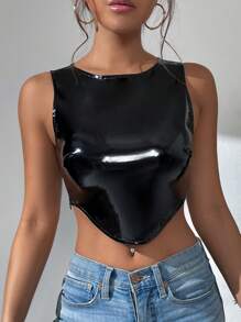 SHEIN Allurite 素色不對稱下擺PU皮革背心上衣 - 黑色 - 查看 3