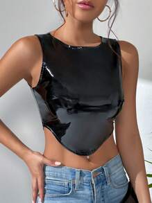 SHEIN Allurite 素色不對稱下擺PU皮革背心上衣 - 黑色 - 查看 4