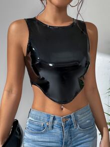 SHEIN Allurite 素色不對稱下擺PU皮革背心上衣 - 黑色 - 查看 5