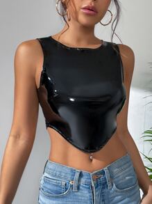 SHEIN Allurite 素色不對稱下擺PU皮革背心上衣 - 黑色 - 查看 6