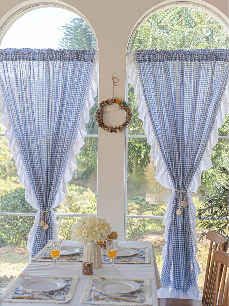 雙色格子單片窗簾,現代滌綸荷葉邊臥室和客廳單面板遮光窗簾 - 彩色 - 查看 1