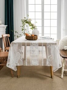 1入組滌綸桌布,現代白色花卉圖案長方形桌布 - 白色 - 查看 1