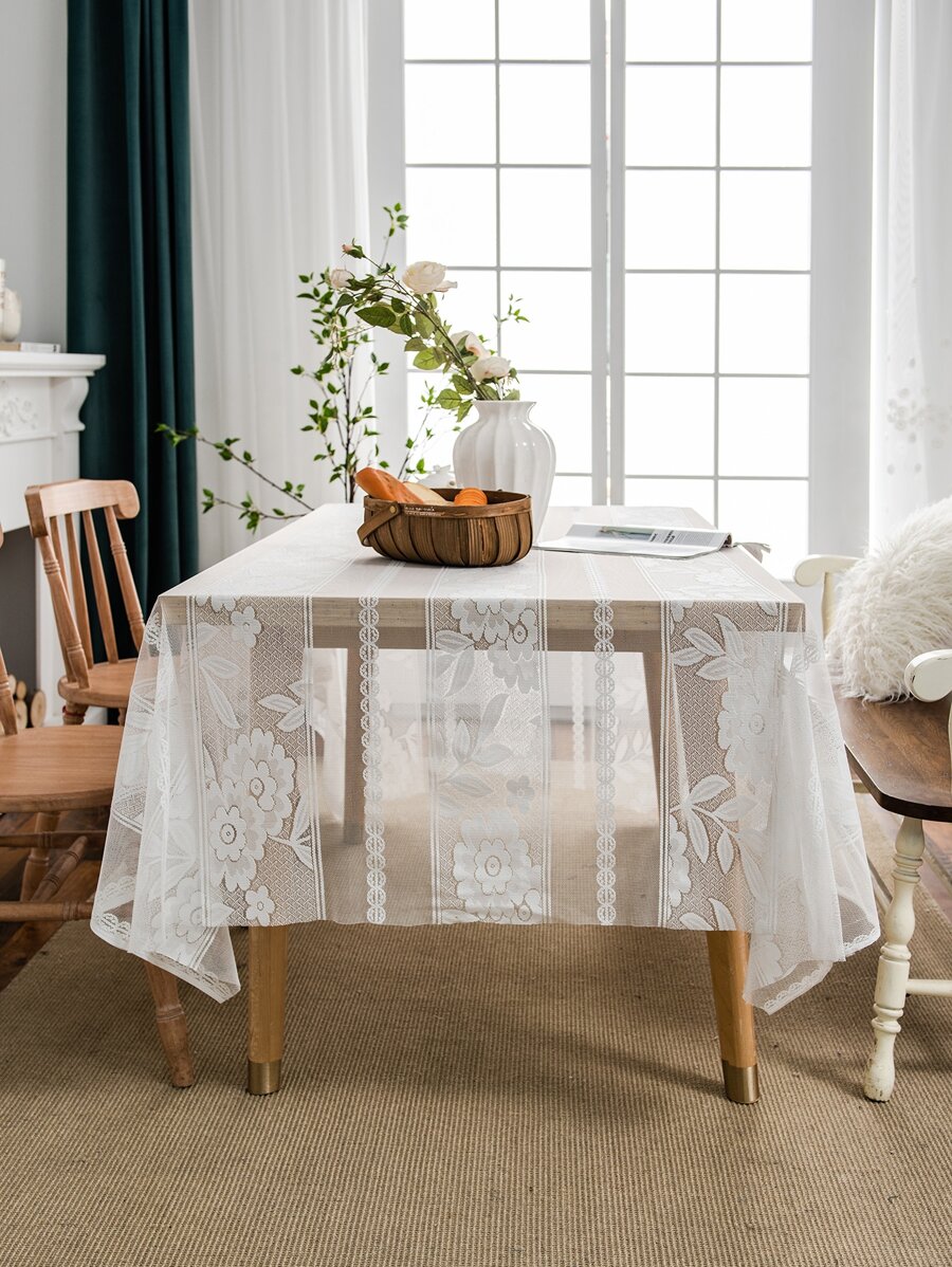 1入組滌綸桌布,現代白色花卉圖案長方形桌布 - 白色 - 查看 1