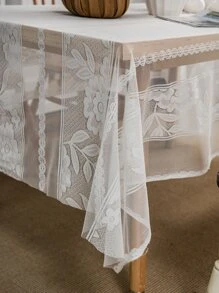 1入組滌綸桌布,現代白色花卉圖案長方形桌布 - 白色 - 查看 2