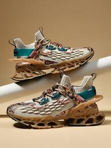 男士字母圖案前繫帶運動戶外織物跑步鞋