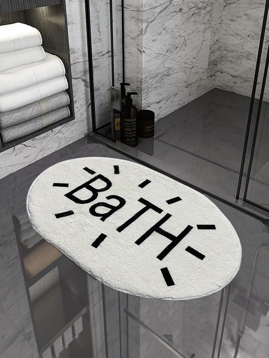 Letter Graphic Non-Slip Bath Mat Home Bathroom Decor Bath Rug Floor Carpet Outdoor Rug Door Mat Fall Decor Bathroom Accessories Back To School Entryway Decor - Black and White - View 1