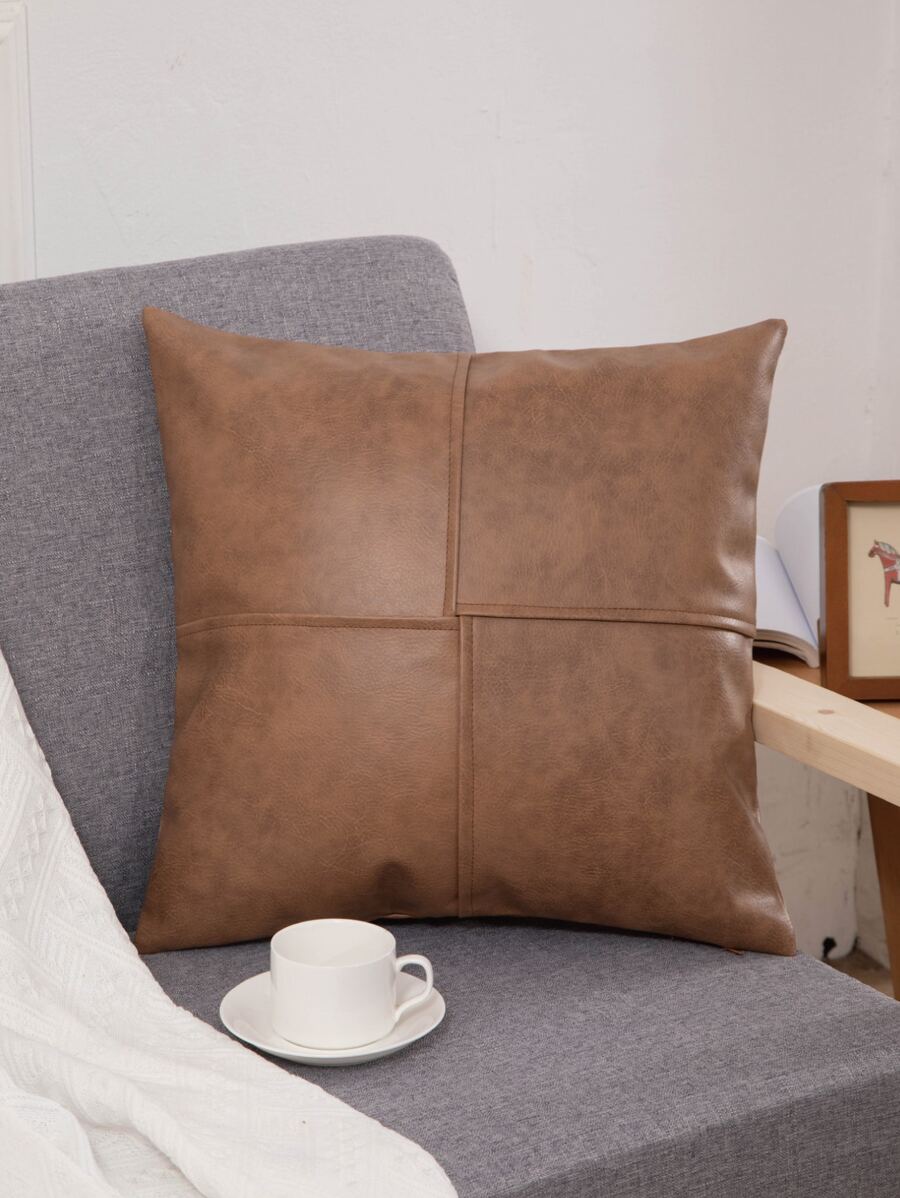 1pc Minimalist & Fashionable Everyday Leather Patchwork Throw Pillow Cover - Brown - View 1