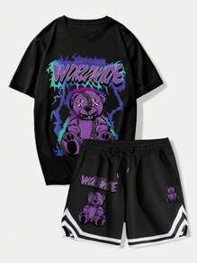 ROMWE MEN Street Life Men Bear & Letter Graphic Tee & Striped Trim Drawstring Waist Shorts, School - Black - View 1