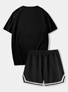 ROMWE MEN Street Life Men Bear & Letter Graphic Tee & Striped Trim Drawstring Waist Shorts, School - Black - View 2