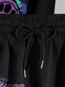 ROMWE MEN Street Life Men Bear & Letter Graphic Tee & Striped Trim Drawstring Waist Shorts, School - Black - View 3