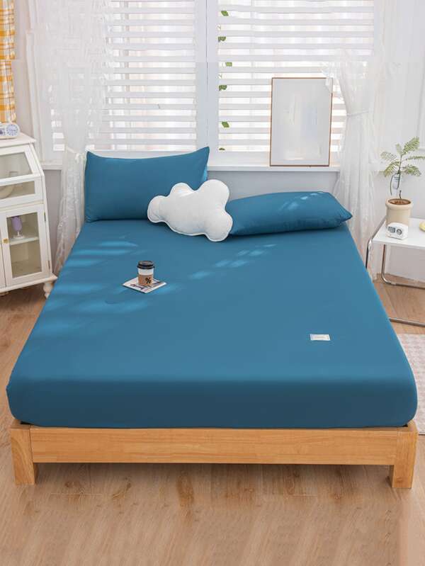 1pc Solid Color Blue Washable Fitted Sheet, Soft Fabric Fitted Bottom Sheet For Bedroom, All Season