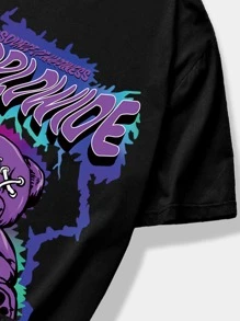 ROMWE MEN Street Life Men Bear & Letter Graphic Tee & Striped Trim Drawstring Waist Shorts, School - Black - View 4