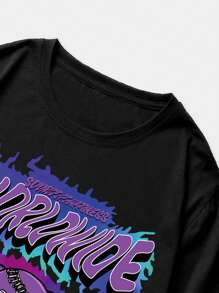 ROMWE MEN Street Life Men Bear & Letter Graphic Tee & Striped Trim Drawstring Waist Shorts, School - Black - View 6