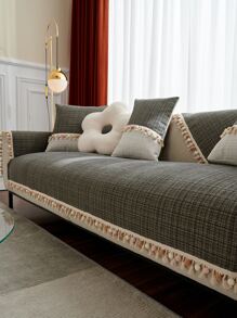 1 Polyester Sofa Khăn Boho Tua Rua & Pom Pom Viền Chống Trơn Trượt Ghế Sofa Chăn Cho Tất Cả Các Mùa - Màu xám đen - Xem 1