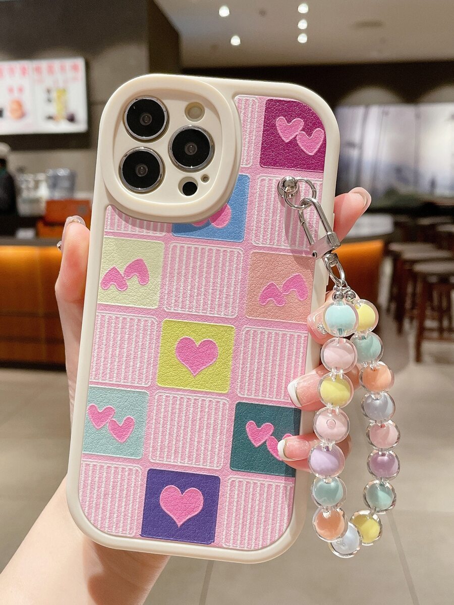 Heart & Plaid Pattern Phone Case With Lanyard - Multicolor - View 1