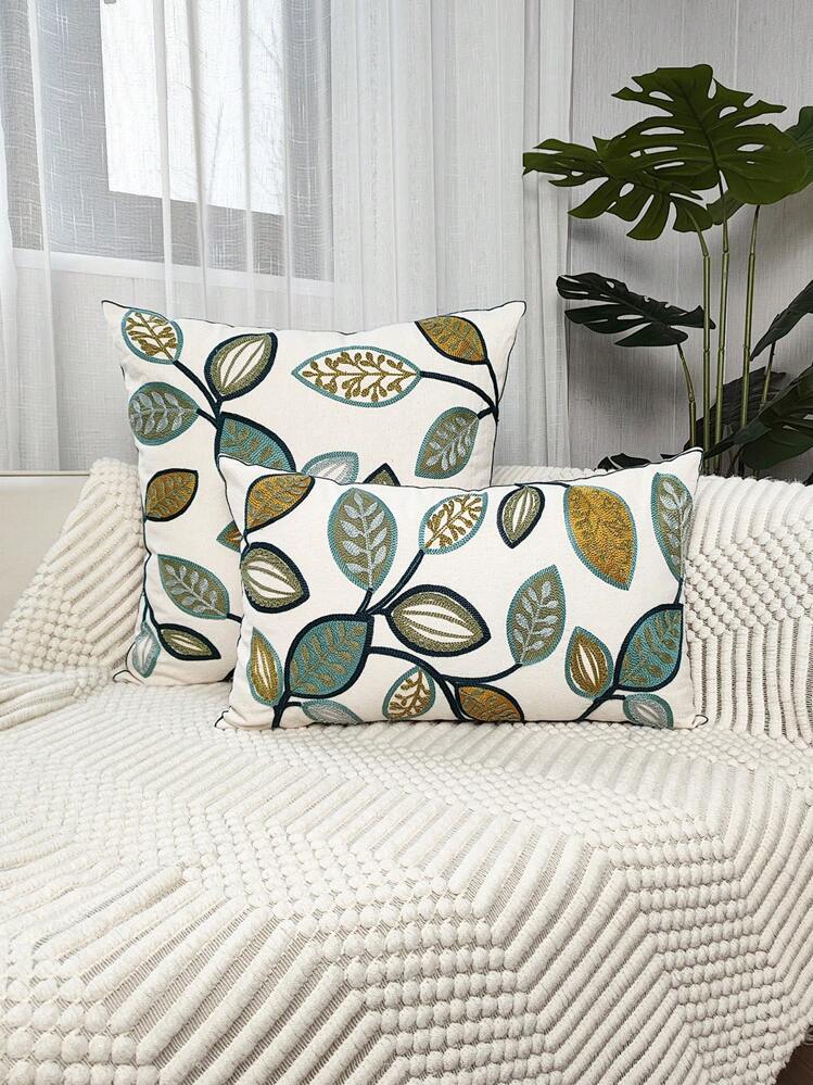 1pc Leaf Embroidery Cushion Cover Without Filler, Modern Canvas Decorative Throw Pillow Cover For Home - Multicolor - View 1