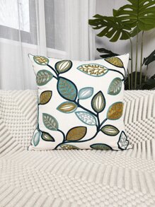 1pc Leaf Embroidery Cushion Cover Without Filler, Modern Canvas Decorative Throw Pillow Cover For Home - Multicolor - View 3