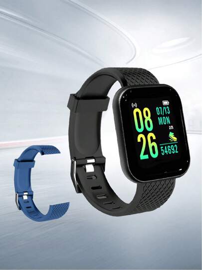 1pc Black Silicone Strap Sporty Heart Rate Monitoring And Pedometer Multi-Function Square Smart Watch & 1pc Replacement Blue Silicone Strap, Compatible With Androids IOS Compatible With IPhone