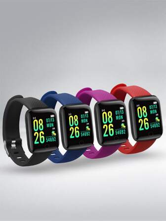 1pc Black Silicone Strap Sporty Heart Rate Monitoring And Pedometer Multi-Function Square Smart Watch & 2pcs Replacement Silicone Strap, Compatible With Androids IOS Compatible With IPhone