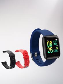 1pc Black Silicone Strap Sporty Heart Rate Monitoring And Pedometer Multi-Function Square Smart Watch & 2pcs Replacement Silicone Strap, Compatible With Androids IOS Compatible With IPhone