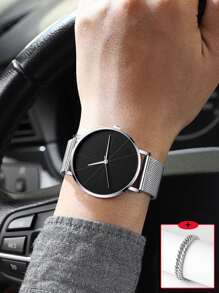 1pc Men Round Quartz Watch & 1pc Bracelet - Silver - View 1