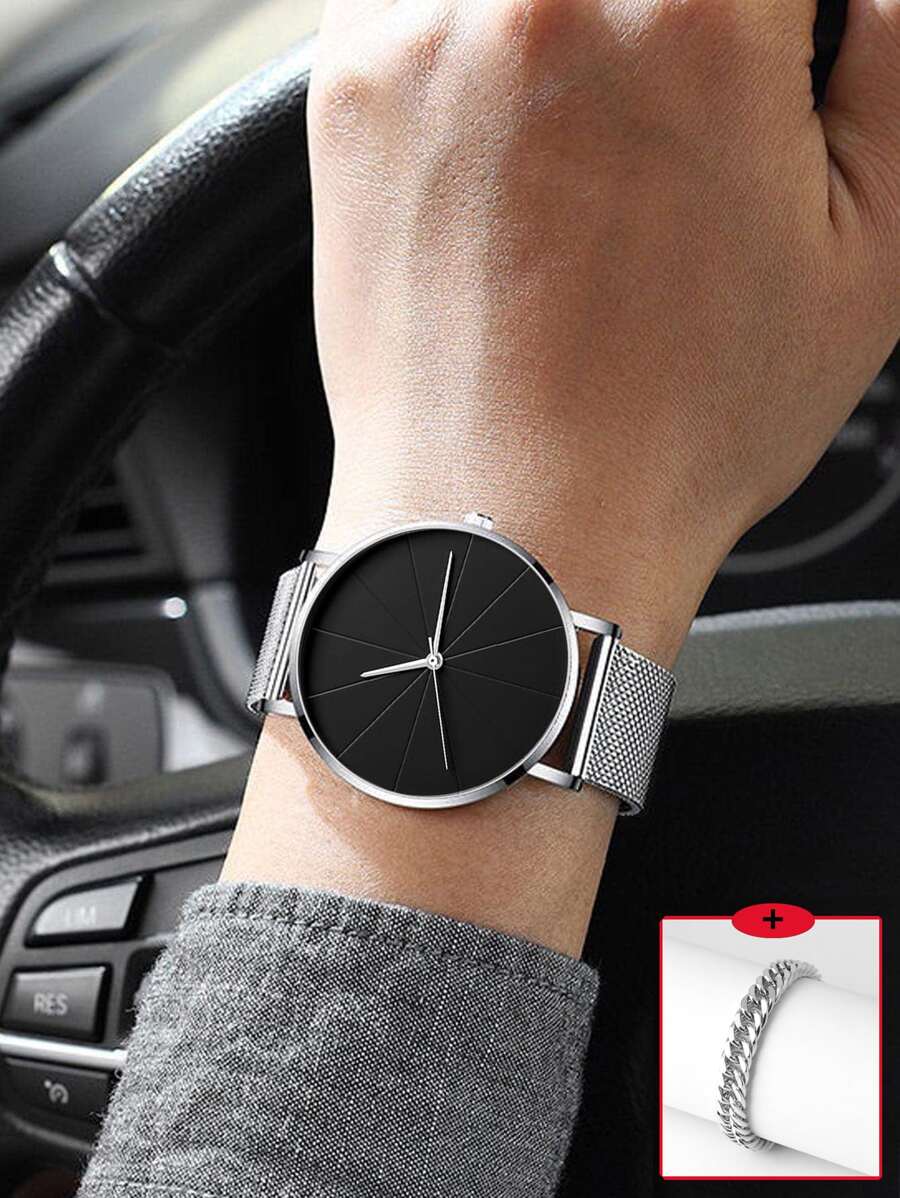 1pc Men Round Quartz Watch & 1pc Bracelet - Silver - View 1