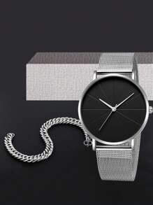 1pc Men Round Quartz Watch & 1pc Bracelet - Silver - View 4