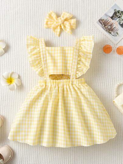 SHEIN Vintaside Kids Toddler Girls Gingham Ruffle Trim Pinafore Dress & Accessory Headband